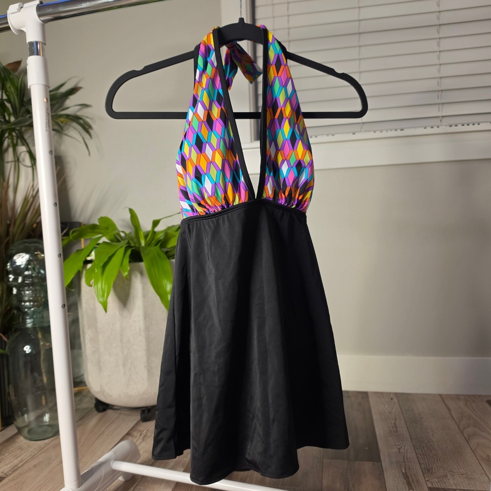 Longitude Long Torso Geometric Halter Swim Dress One Piece Swimsuit Sz 10